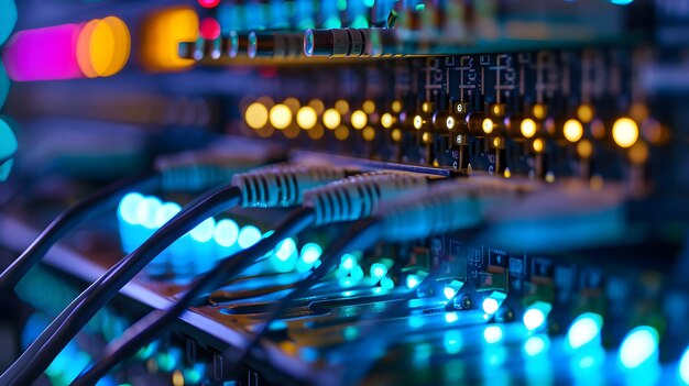 Closeup photo of a server patch panel with many ports and wires