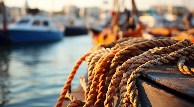 Closeup photo of the ship wires with the sea