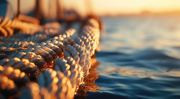 Closeup photo of the ship wires with the sea