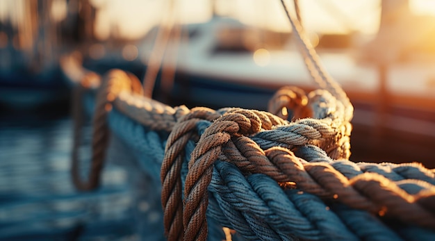 Closeup photo of the ship wires with the sea