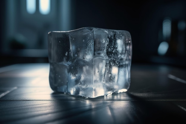 Closeup photo of a single ice cube with a transparent appearance and a dark background