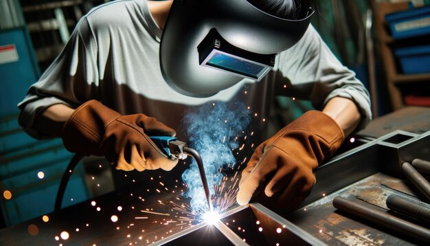 Closeup photo of a skilled welder in a protective mask and gloves creating a spark storm