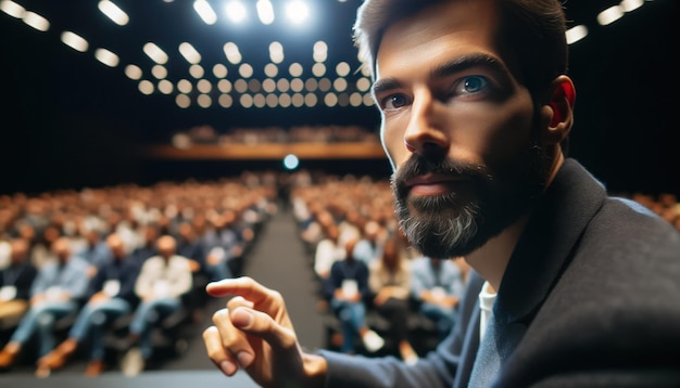 Closeup photo of a speaker a man with a beard emphasizing a point during his presentation at a conference