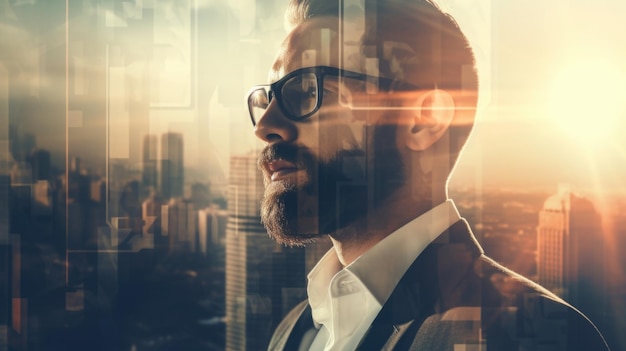 Closeup photo of stylish black skin bearded banker wearing glasses and looking city Double exposure