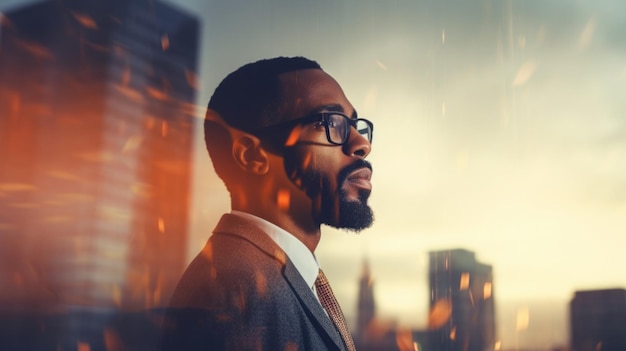 Фотография крупным планом стильного чернокожего бородатого банкира в очках и смотрящего на город. Двойная экспозиция.