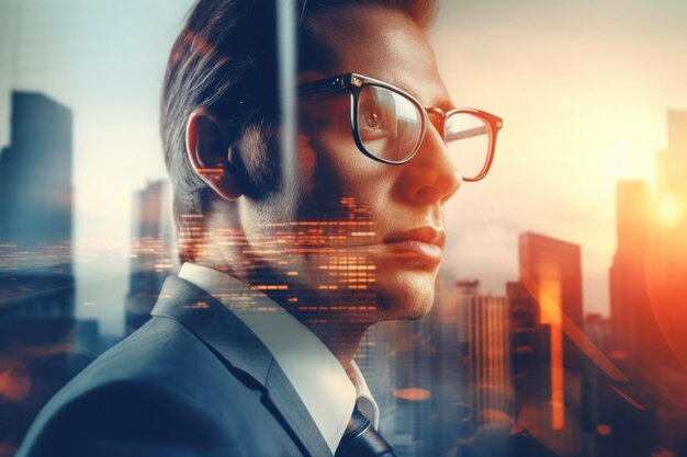 Closeup photo of stylish cute businessman wearing glasses and looking city Double exposure