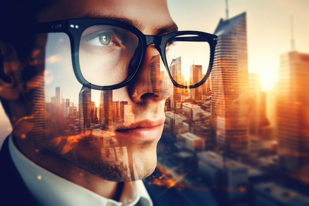 Photo closeup photo of stylish cute businessman wearing glasses and looking city double exposure