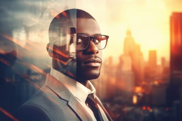 Closeup photo of stylish cute businessman wearing glasses and looking city Double exposure