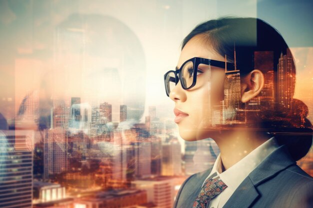 Closeup photo of stylish cute businesswoman wearing glasses and looking city Double exposure