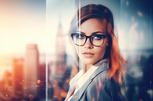 Closeup photo of stylish cute businesswoman wearing glasses and looking city Double exposure