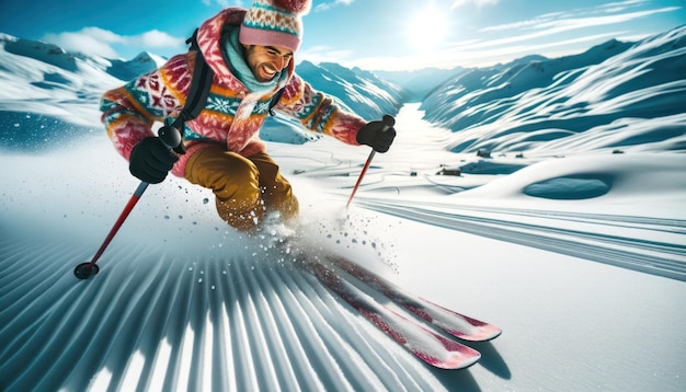 Фотография крупным планом взволнованного человека в красочной зимней одежде, легко катающегося на лыжах по нетронутому снегу и нетронутому снежному пейзажу.