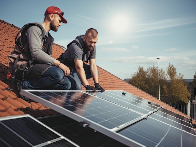 Closeup photo of two electrical technicians engineers in hardhats installing solar power panels on a