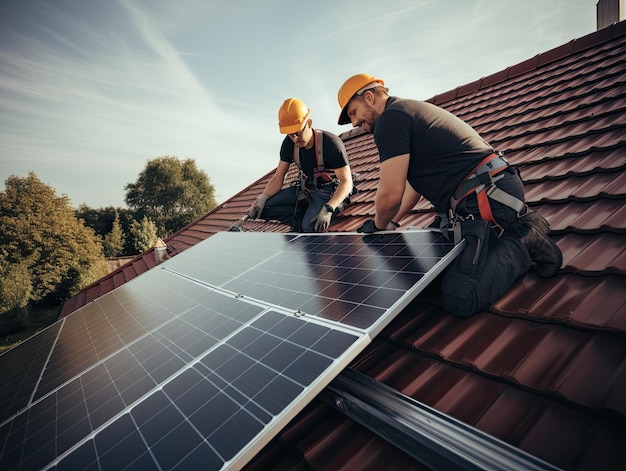 Closeup photo of two electrical technicians engineers in hardhats installing solar power panels on a