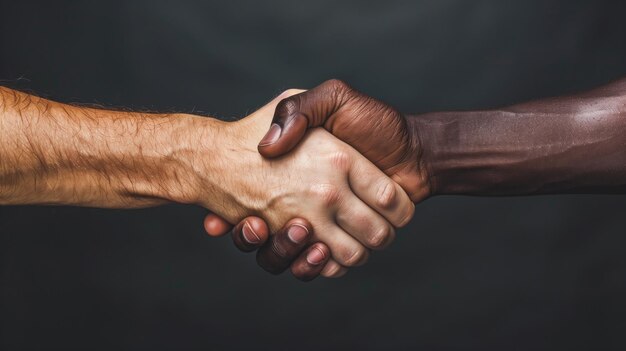 Близкий снимок двух рук, рук, рукопожатия, разных рас, многонациональных друзей, борьбы с расизмом.