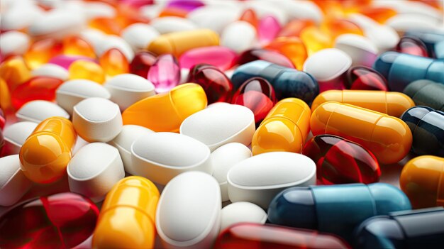 Closeup photo of a variety of pill for human healthcare medical imagery