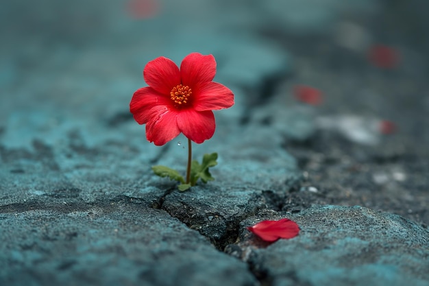 A closeup photo of a vibrant red flower resting on top of a textured rock in a natural outdoor