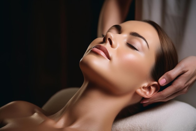 Closeup photo of woman masseur doing massage of girls neck in massage parlor