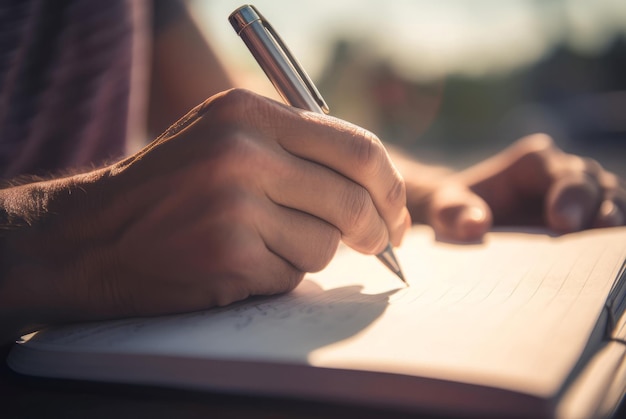 Closeup photo of writing man Hand recording information in diary notepad Generate ai