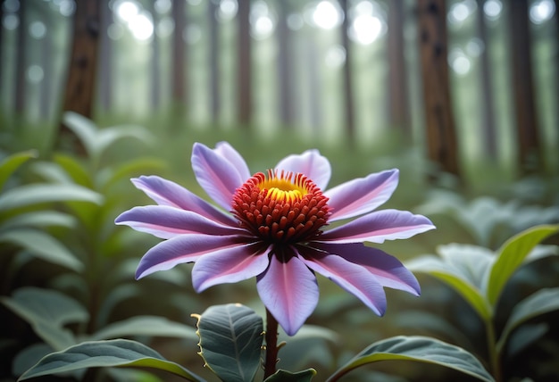 Closeup photo of yellow stamens in the center of a blooming pink flower