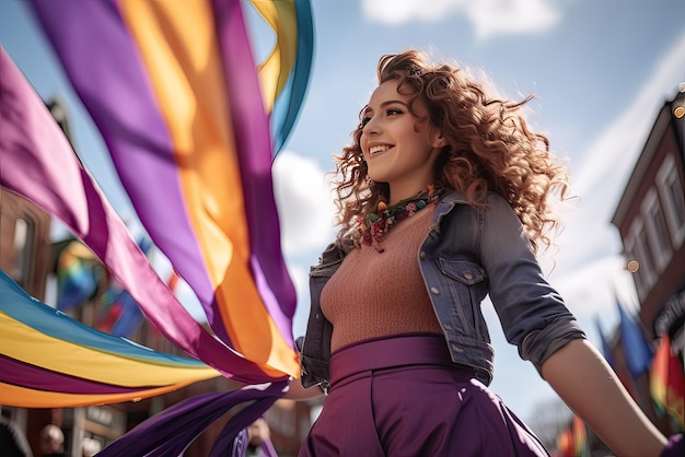closeup photo of a young woman with curly brown hair looking at the horizon at pride defending lgtbiq rights