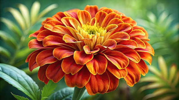 a closeup photo of a zinnia flower in full bloom with green leaves in the background