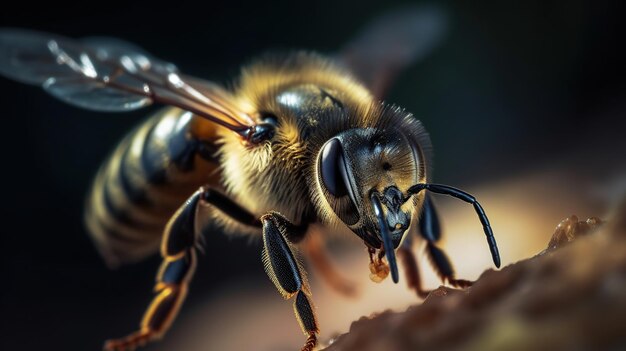 A closeup photograph of a bee in mid flight Generative AI