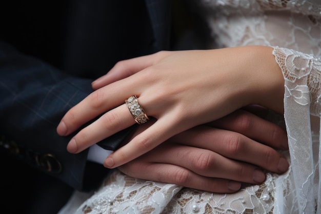 A closeup photograph capturing the hand of a person wearing a wedding ring wedding rings and hands closeup ai generated