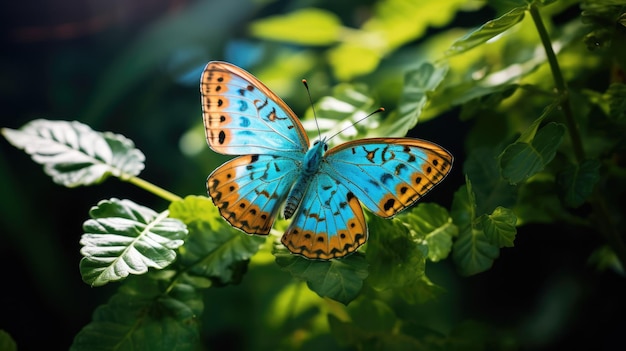 A closeup photograph of a delicate butterfly resting on a leaf