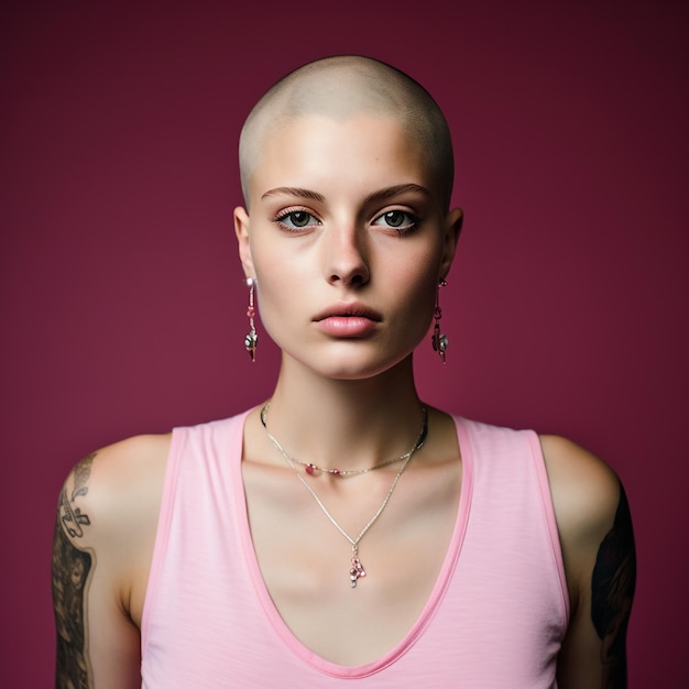 Photo closeup photograph of a determined young woman with a shaved head wearing a pink headband