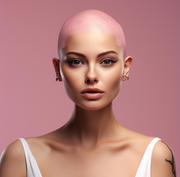 Closeup photograph of a determined young woman with the World Cancer Day symbol