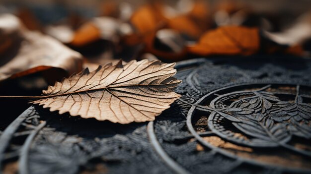 A closeup photograph of a fallen leaf with intricate patterns