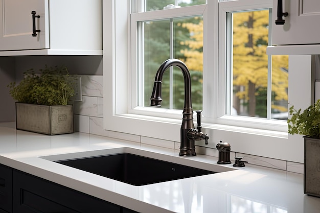 Photo a closeup photograph of a kitchen sink located in a recently remodeled contemporary kitchen the s