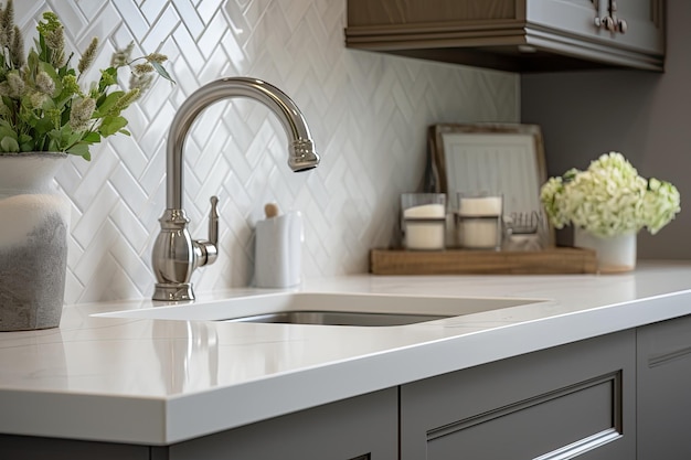 A closeup photograph of a kitchen sink showcasing gray cabinets a countertop and backsplash made of white marble and various decorative items