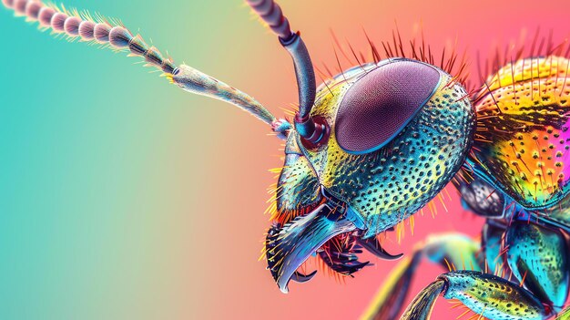 昆虫の頭は金属に似ているこの昆虫には大きな多面的な目があり2つの天線とい鼻がある