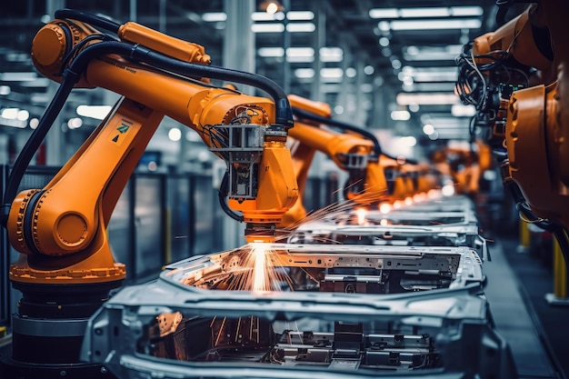 Closeup photograph of a modern assembly line in a car factory showing the integration of automated arms generative ai