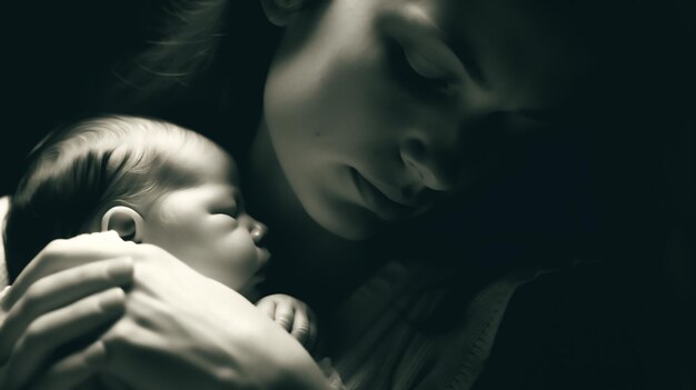 갓 태어난 아기에게 젖을 먹이고 있는 어머니의 클로즈업 사진 Generative AI