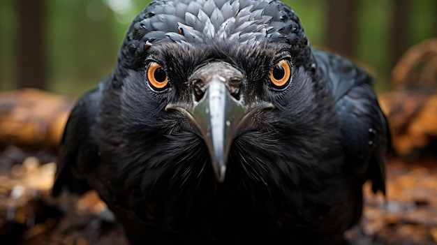 A closeup photograph of one of the crows its eyes staring directly at the camera Created with Generative AI