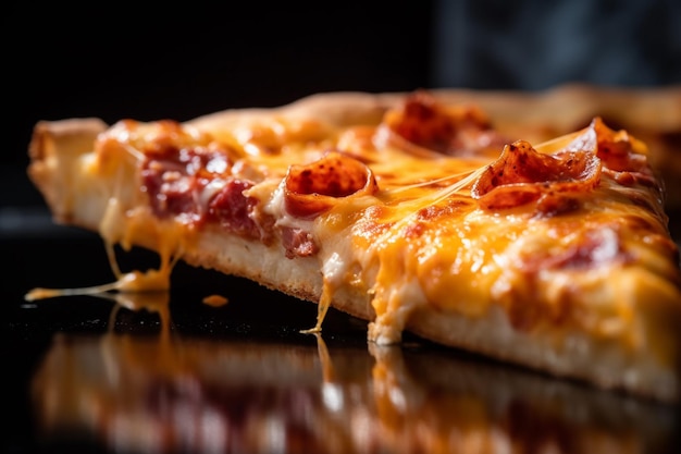 A closeup photograph of a pizza slice with dynamic and vibrant toppings