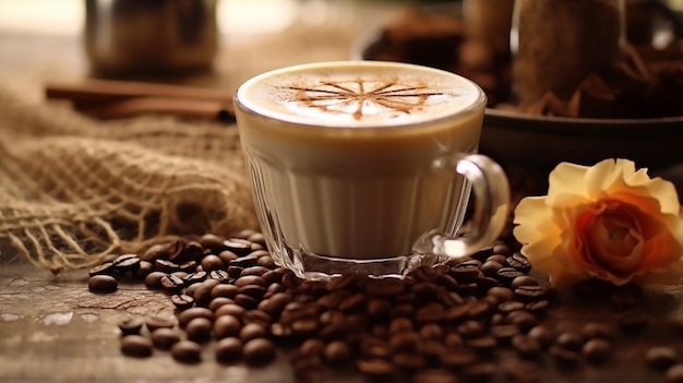 A closeup photograph of premium Capuchino coffee cup with coffee beans around