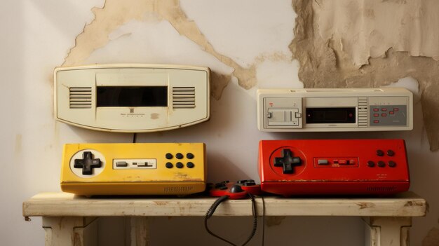 CloseUp Photograph of Stacked Nintendo Game Systems on Industrial Desk