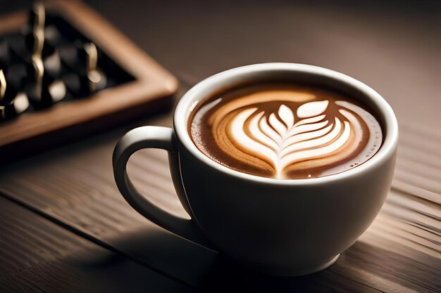 Photo a closeup photograph of a steam cup of cocoa attic or tea with a perfectly formed caffe caffe latte art routine creative resource ai generated
