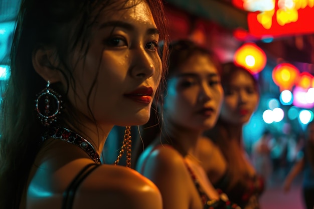 A closeup photograph of stunning Thai women gazing into the camera on a city street at night radiating elegance