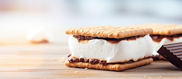 Closeup photograph of a tasty marshmallow sandwich topped with a cracker and chocolate displayed