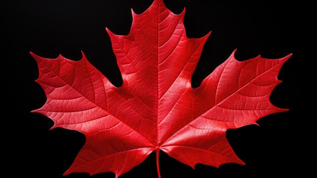 A closeup photograph of a vibrant red maple leaf