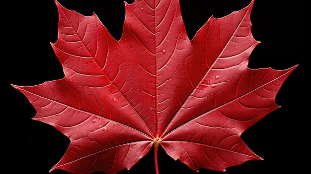 A closeup photograph of a vibrant red maple leaf