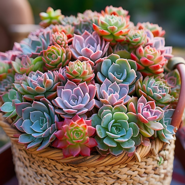 Closeup Photography of a collection of succulent plants arranged in a charming wicker basket