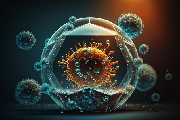 Closeup photorealistic illustration of covid 19 virus