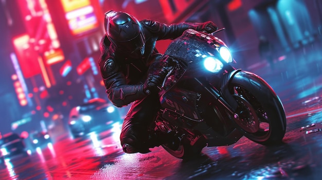 A closeup photorealistic view of a cyberpunk rider on a motorbike intense focus neonlit Japanese street in the background Lighting contrasting shadows and neon glows Created U AI Generative