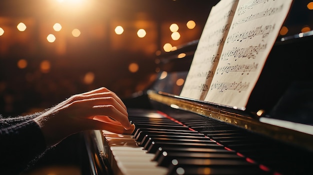 A closeup of a piano keyboard with hands playing with sheet music in the  background with copy s | Premium AI-generated image