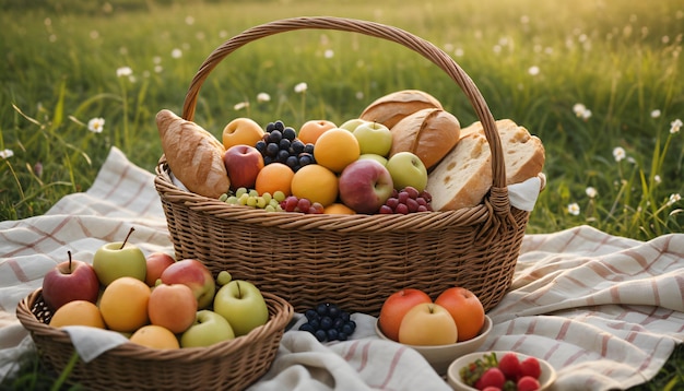 CloseUp of Picnic Basket with Fruits Food Bread and Flowers on a Green Meadow Generated by AI